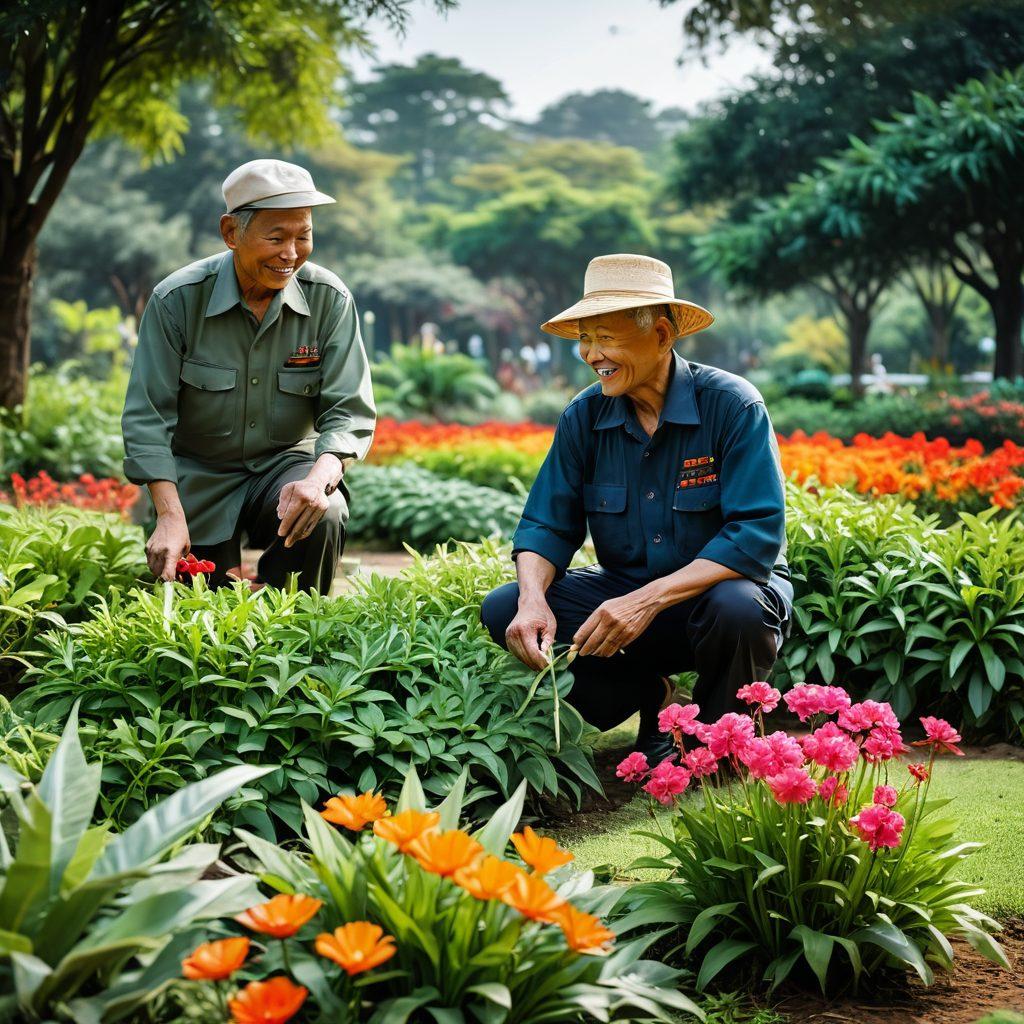 A serene landscape depicting Vietnamese veterans tending to lush gardens filled with vibrant flowers and greenery, symbolizing their journey from war to peace. In the background, subtle hints of a battlefield contrast with the tranquility of the garden, showcasing resilience and hope. The veterans, diverse in age and features, are smiling and interacting with the plants, emphasizing joy and community. warm colors. super-realistic. balanced composition.