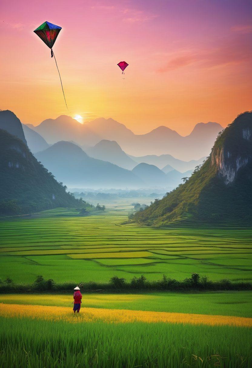 A serene landscape depicting a lush green Vietnamese countryside shadowed by towering mountains in the background, with a lone figure joyfully flying a colorful kite, symbolizing hope amidst a history of conflict. Incorporate traditional Vietnamese elements like rice paddies and colorful lanterns in the scene. The sky should exhibit a vibrant sunset with hues of orange and pink. super-realistic. vibrant colors. 3D.