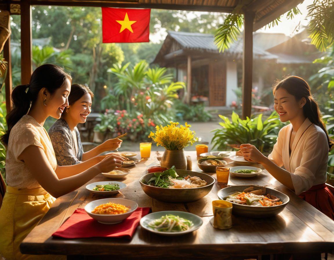 A warm, reflective scene showcasing diverse individuals sharing stories and laughter around a vintage table filled with traditional Vietnamese cuisine. In the background, symbolic elements like the Vietnam flag and flowers represent cultural heritage. Soft, golden sunlight filters through lush greenery, creating an atmosphere of nostalgia and joy. Include subtle hints of peace symbols to signify hope and healing. super-realistic. vibrant colors. warm tones.